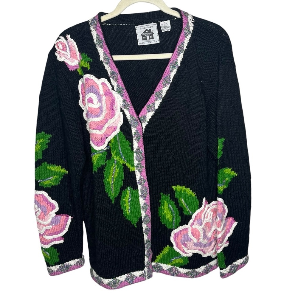 Vintage storybook knits thick cardigan rose pattern sweater large button up HSN